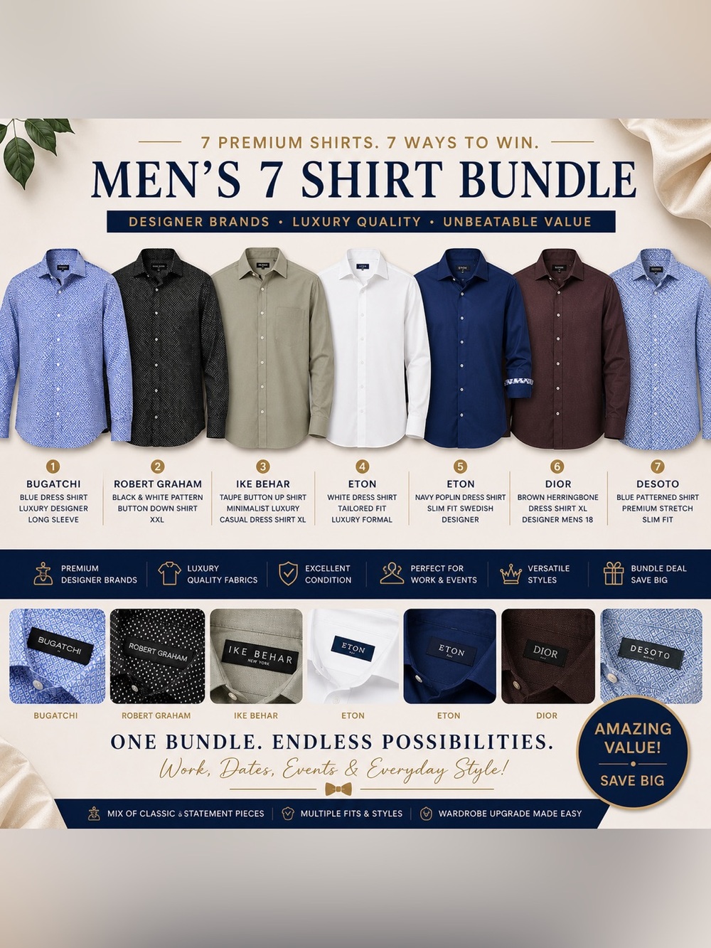 7-PC LUXURY DESIGNER DRESS SHIRT BUNDLE MIX